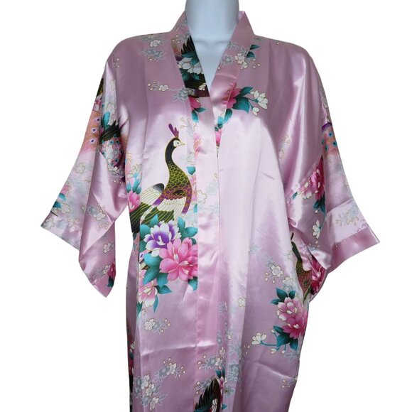 Peacock Print Satin Kimono Robe Belt Pink Floral Design Small Womens Lounge Wear - Picture 3 of 6